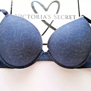 VICTORIA'S SECRET PINK Super Push-Up Bra VS Cotton Dark Denim Blue NWT